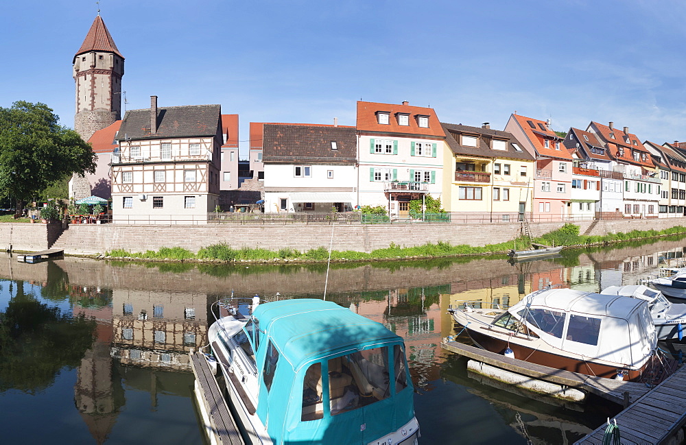 Spitzer Turm Tower, Tauber River, old town of Wertheim, Main Tauber District, Baden Wurttemberg, Germany, Europe