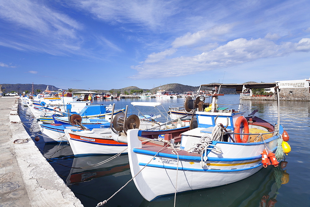 Fishing boats and harbour, Elounda, Lasithi, Gulf of Mirabello, Crete, Greek Islands, Greece, Europe