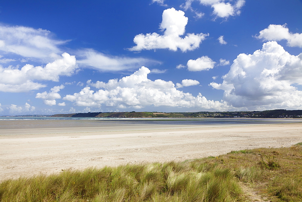 Dunes and cumulus clouds, Baie de Lannion, Cote de Granit Rose, Cotes d'Armor, Brittany, France, Europe 