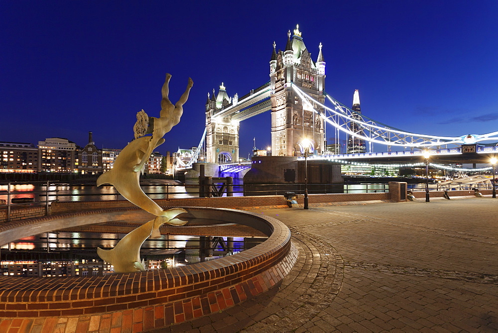 View from St. Katherine Pier to Tower Bridge and The Shard Building, London, England, United Kingdom, Europe