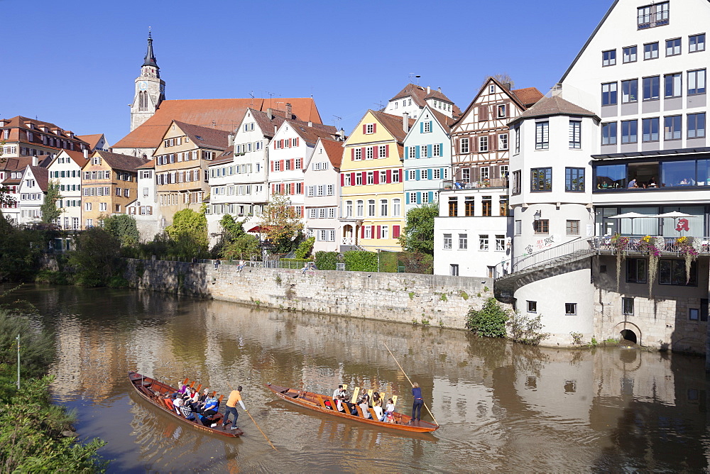 Punt on Neckar River, old town of Tuebingen, Stiftskirche Church, Baden Wurttemberg, Germany, Europe