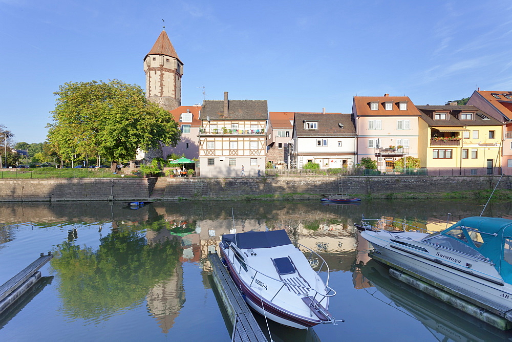 Old town with Spitzer Turm Tower, Tauber River, Wertheim, Main Tauber District, Baden-Wurttemberg, Germany, Europe