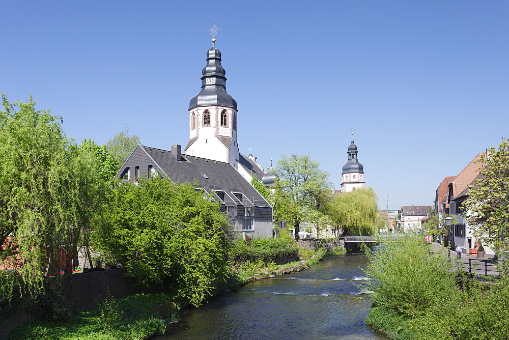 St. Martinskriche church on River Alb and Town Hall, Ettlingen, Baden-Wurttemberg, Germany, Europe