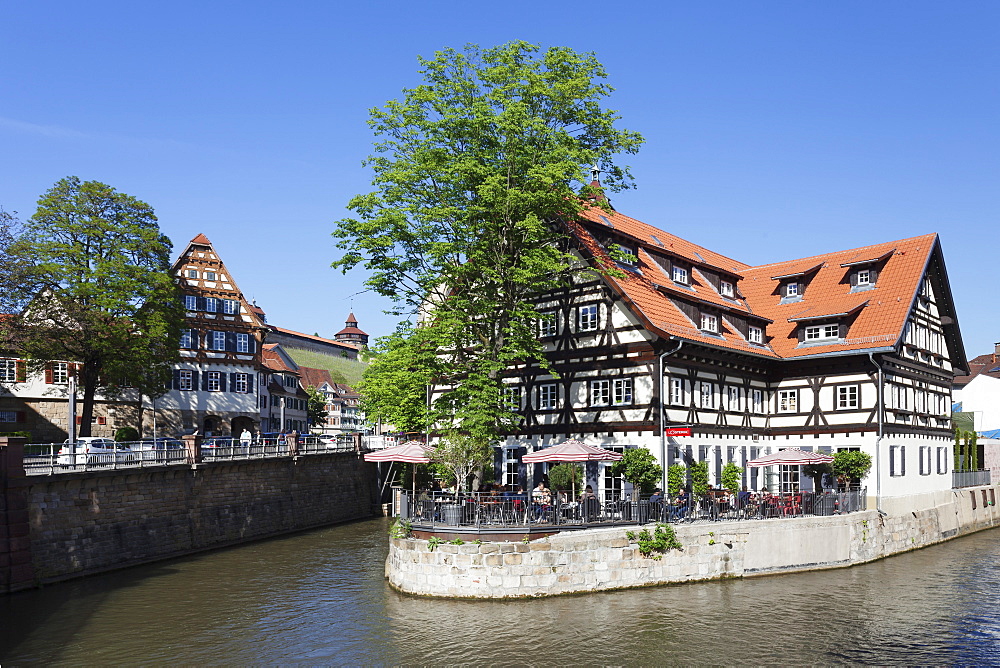 View over Wehrneckarkanal Chanel to Schwoerhaus house and castle, Esslingen (Esslingen-am-Neckar), Baden-Wurttemberg, Germany, Europe