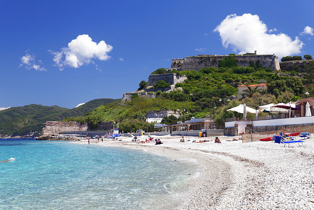 Le Ghiaie Beach, Forto Falcone Fortress, Portoferraio, Island of Elba, Livorno Province, Tuscany, Italy, Europe