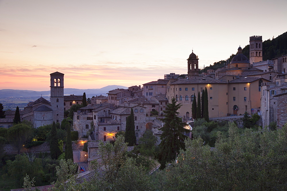 Assisi at sunset, Assisi, Perugia District, Umbria, Italy, Europe