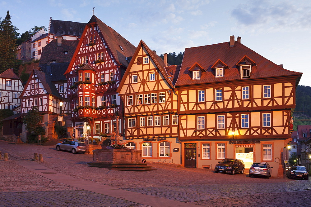 Market Square with half-timbered houses and Mildenburg Castle, old town of Miltenberg, Franconia, Bavaria, Germany, Europe