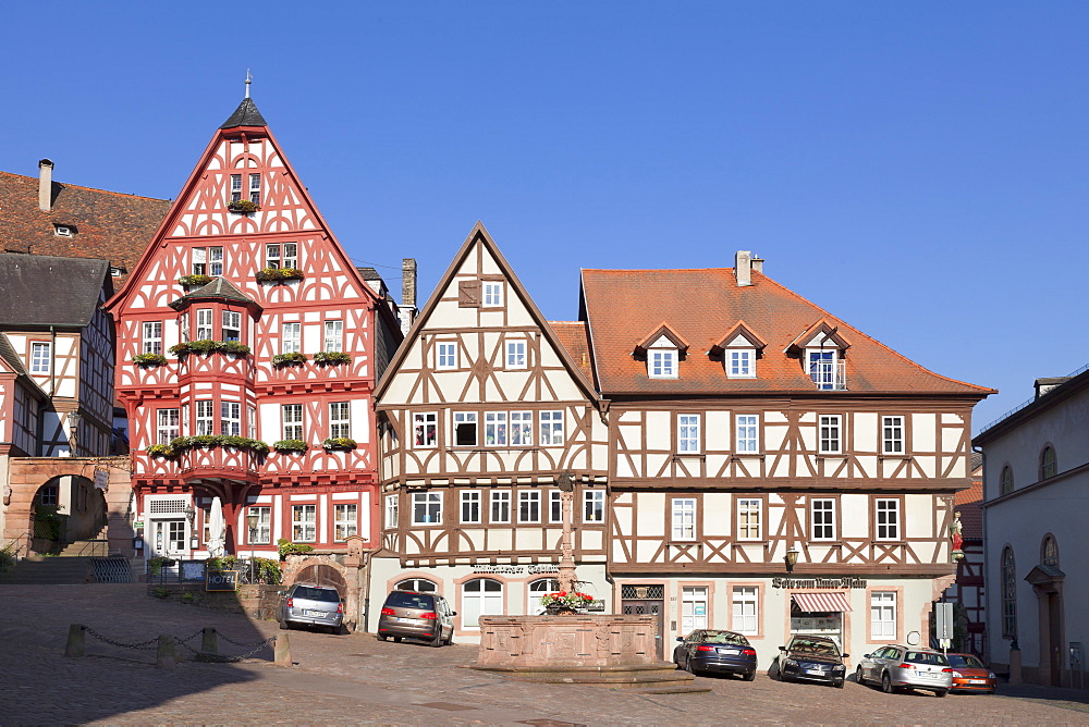 Market Square with half-timbered houses, old town of Miltenberg, Franconia, Bavaria, Germany, Europe