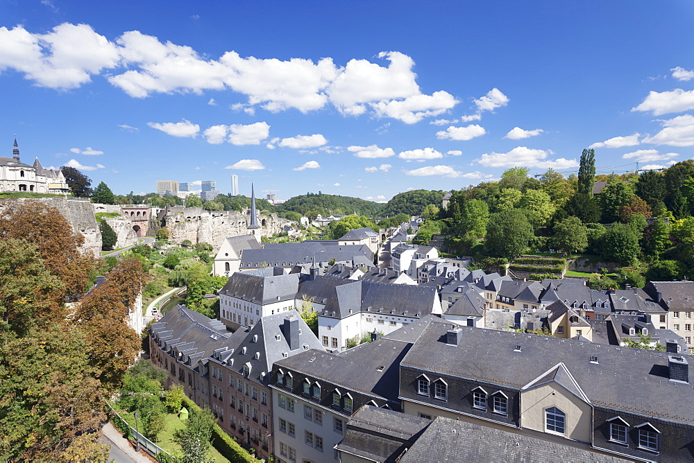 View over the old town with Neumunster Abbey, UNESCO Wolrd Heritage Site, in the background EU buildings on Kirchberg District, Luxembourg City, Grand Duchy of Luxembourg, Europe