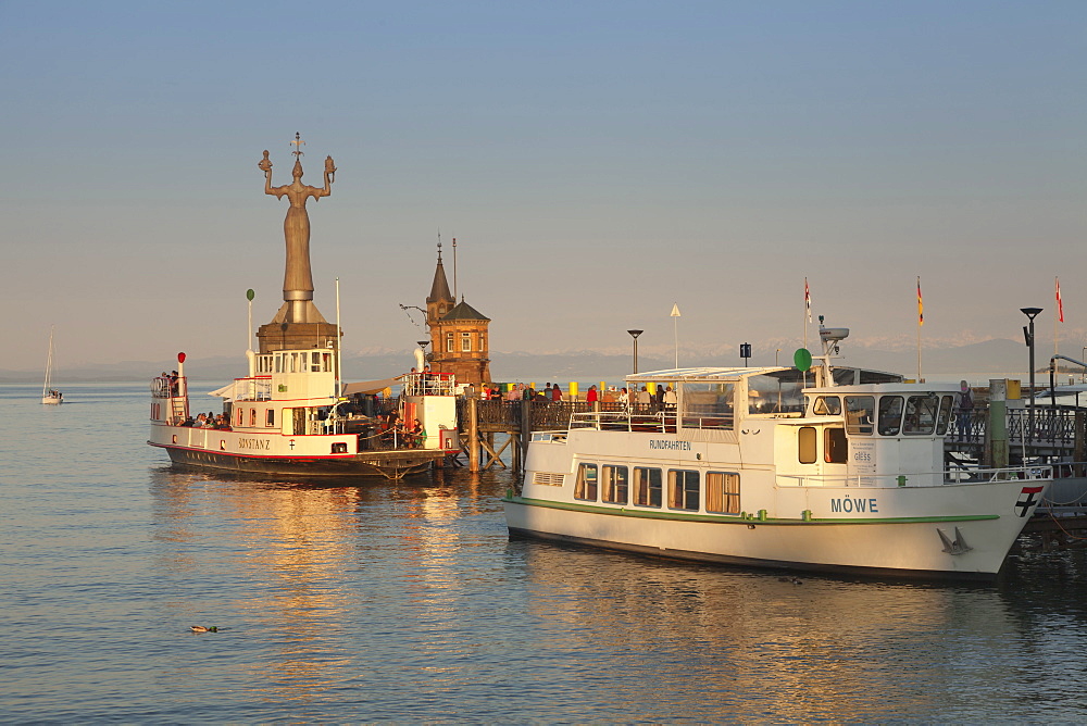 Statue of Imperia by Peter Lenk at the seaport, restaurant on a ship, Konstanz, Lake Constance, Baden-Wurttemberg, Germany, Europe