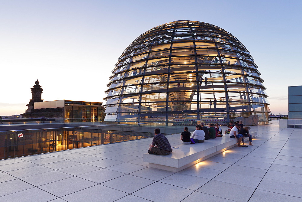 The Dome by Norman Foster, Reichstag Parliament Building at sunset, Mitte, Berlin, Germany, Europe