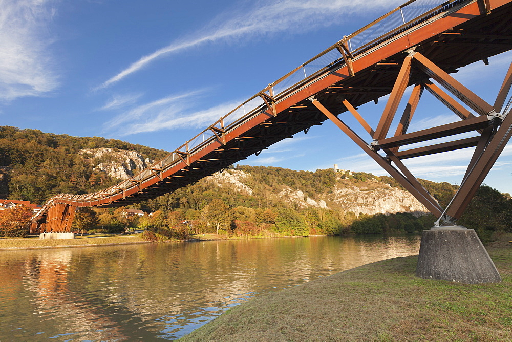 Wooden bridgeTatzelwurm, Main-Donau-Kanal canal, Essing, nature park, Altmuehltal Valley, Bavaria, Germany, Europe