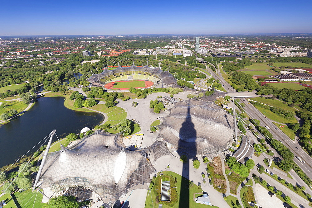 View from Olympic Tower (Olympiaturm) at Olympic stadiuim at Olympic Park, Munich, Bavaria, Germany, Europe