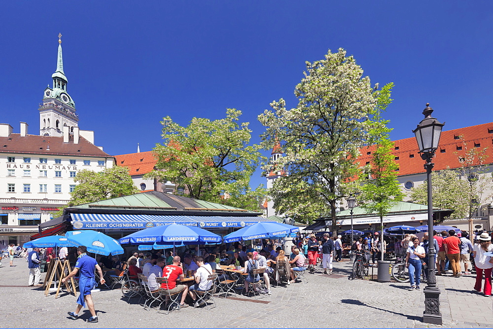 Viktualienmarkt Market with St. Peter's Church (Alter Peter), Munich, Bavaria, Germany, Europe