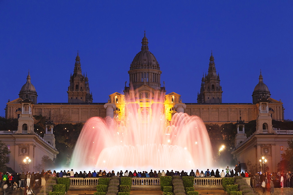 Font Magica (Magic Fountain) at Palau Nacional (Museu Nacional d'Art de Catalunya), Montjuic, Barcelona, Catalonia, Spain, Europe