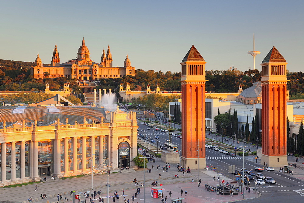 View over Placa d'Espanya (Placa de Espana) to Palau Nacional (Museu Nacional d'Art de Catalunya), Barcelona, Catalonia, Spain, Europe