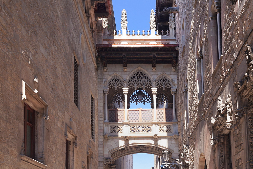 Pont del Bispe, bridge over Carrer del Bispe street, Palau de la Generalitat, Barri Gotic, Barcelona, Catalonia, Spain, Europe