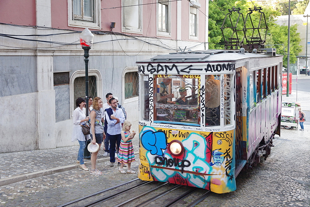 Elevador da Gloria, funicular connects downtown with Bairro Alto district, Lisbon, Portugal, Europe