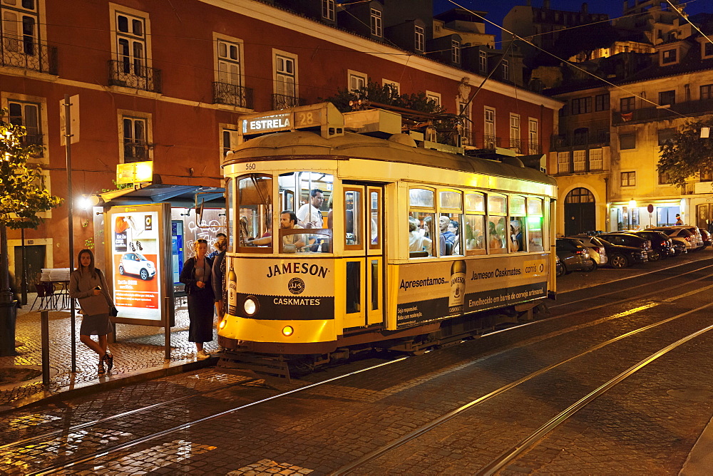 Tram 28, Alfama district, Lisbon, Portugal, Europe