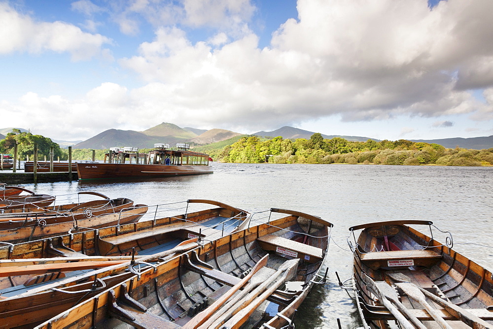 Rowing boats on Derwent Water, Keswick, Lake District National Park, Cumbria, England, United Kingdom, Europe