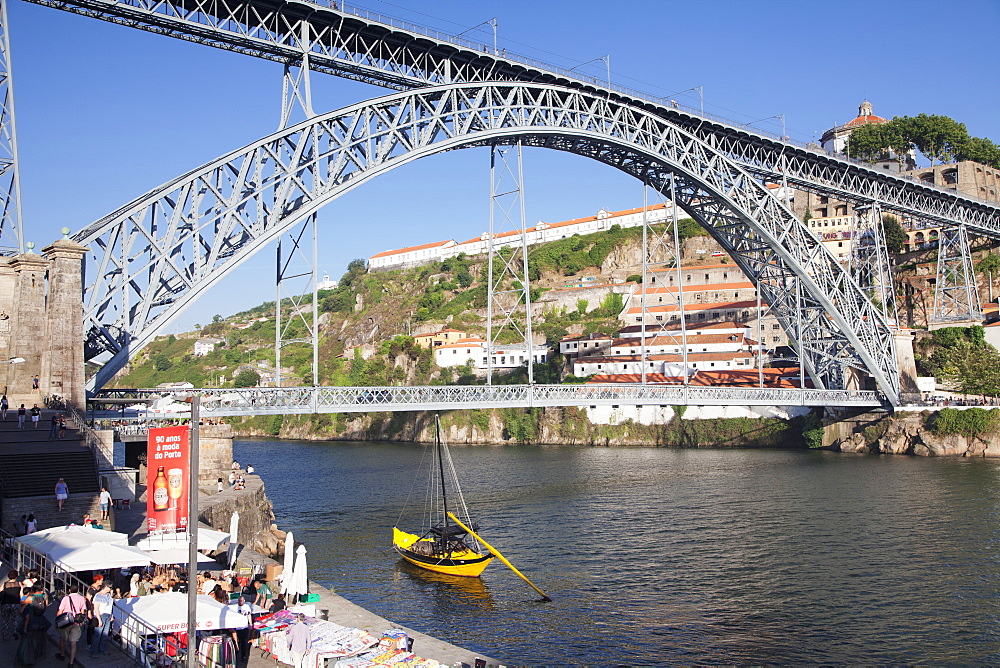 Rabelos boat on Douro River, Serra do Pilar Monastery, Ponte Dom Luis I Bridge, UNESCO World Heritage Site, Porto (Oporto), Portugal, Europe