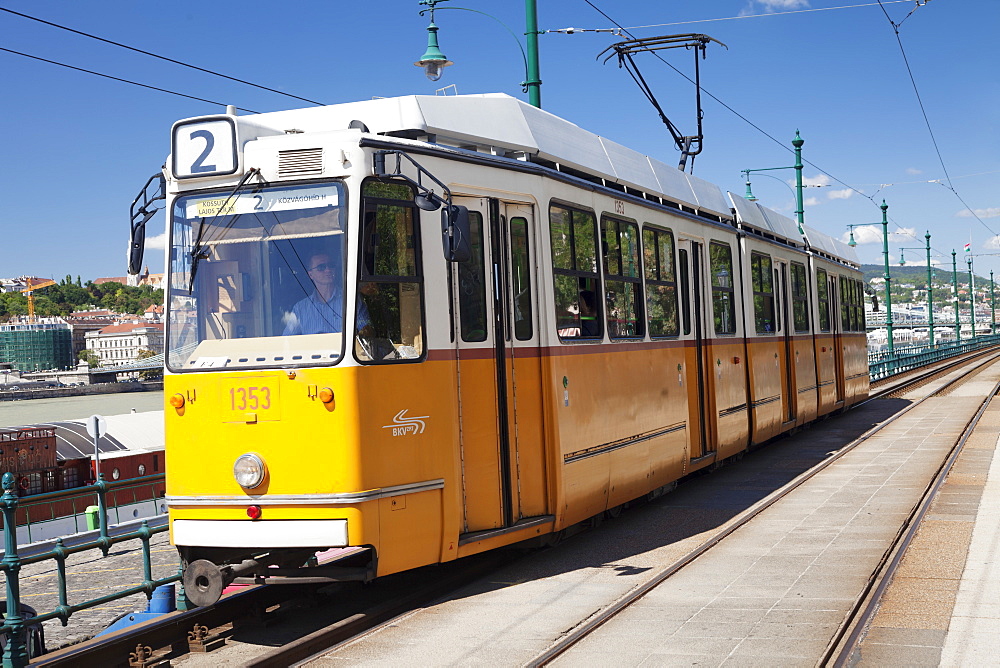 Tram at riverwalk, Pest district, Budapest, Hungary, Europe