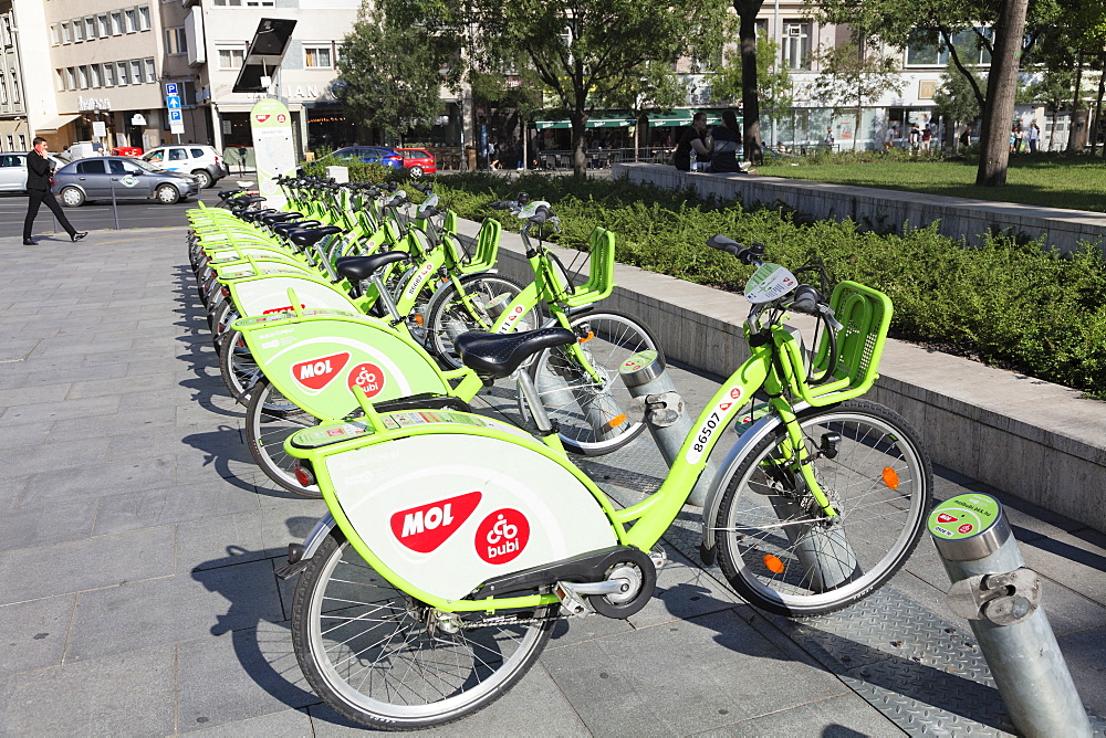 Hire bikes, Old Town of Pest, Budapest, Hungary, Europe