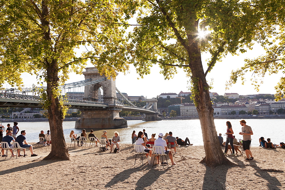 Beach bar at Danube Riverwalk, Chain Bridge, Budapest, Hungary, Europe