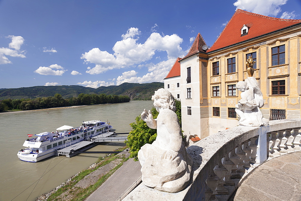 View from Terrace of the Church to Danube River, Collegiate church, Durnstein Abbey, Durnstein, Wachau, Lower Austria, Europe