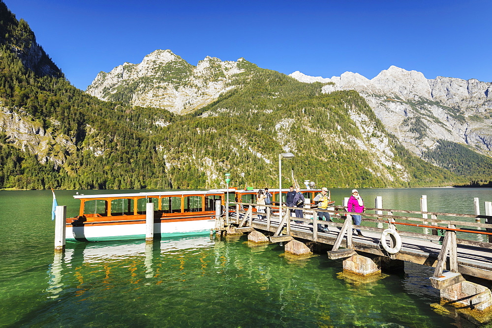 Landing stage at Saletalm Alp on Lake Koenigssee, Watzmann Mountain, Berchtesgadener Land, Berchtesgaden National Park, Upper Bavaria, Bavaria, Germany, Europe