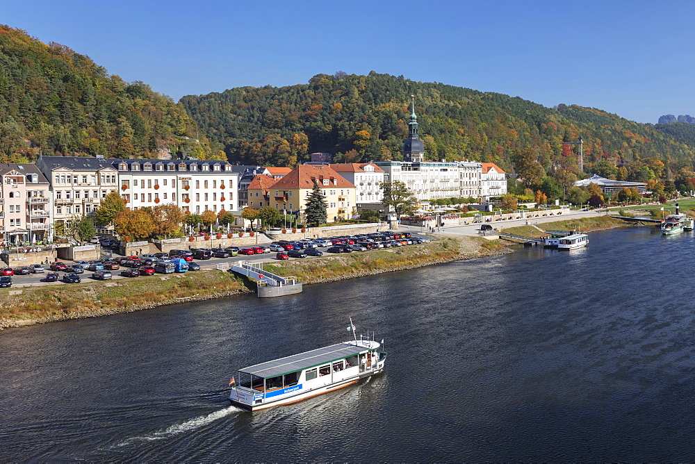 View over Elbe River to Bad Schandau, Elbsandstein Mountains, Saxony Switzerland National Park, Saxony, Germany, Europe