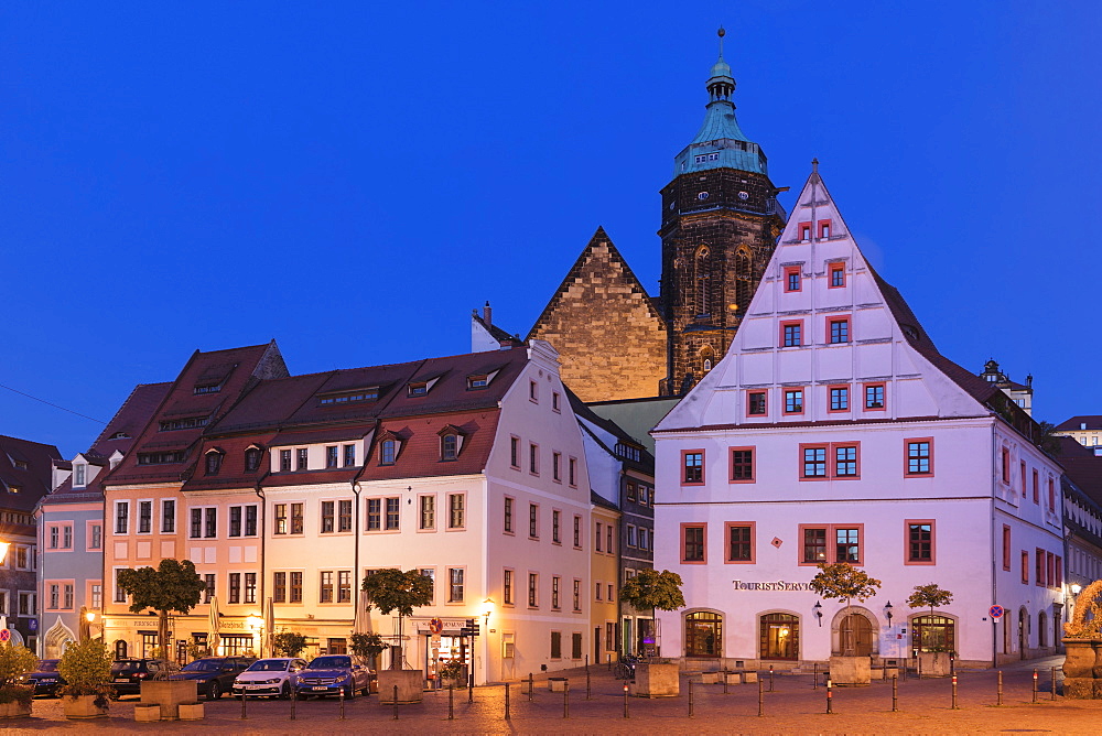 Canaletto Building and St.Marien parish church at the market place, Pirna, Saxony Switzerland, Saxony, Germany, Europe