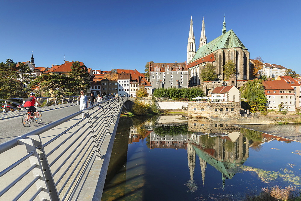 Bridge over Neisse River to the old town and St. Peter and Paul Church, Goerlitz, Saxony, Germany, Europe