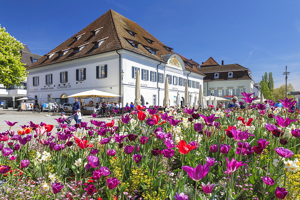 Restaurants and street cafe at the promenade, Uberlingen, Lake Constance, Baden-Wurttemberg, Germany, Europe