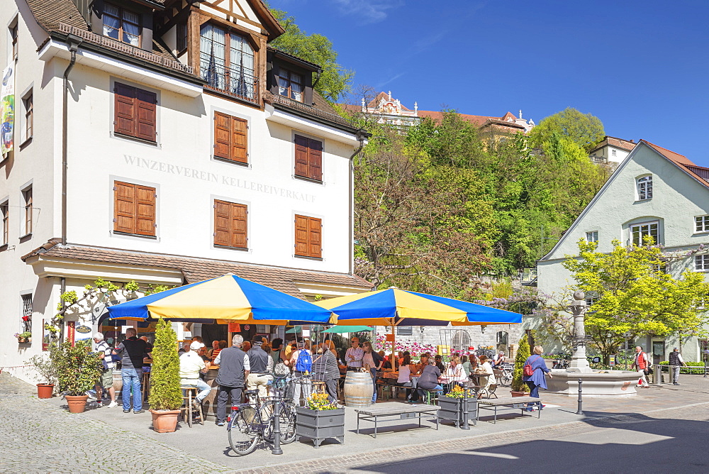 Wine grower restaurant, pedestrain area, Meersburg, Lake Constance, Baden-Wurttemberg, Germany, Europe