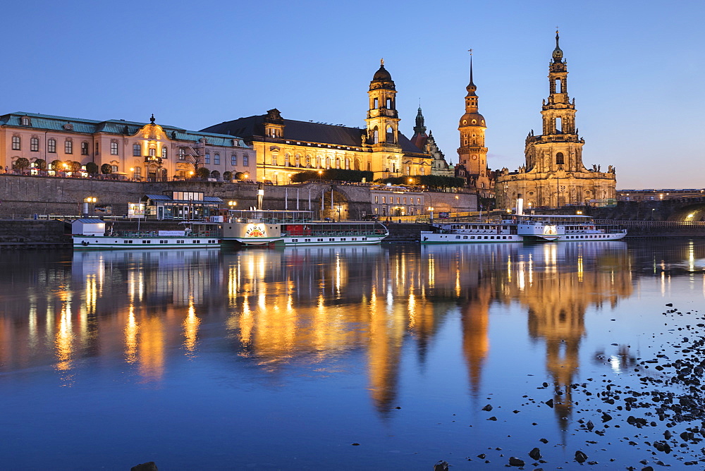 Elbe River with Staendehaus (House of Estates), Hofkirche Church, and Castle, Dresden, Saxony, Germany, Europe