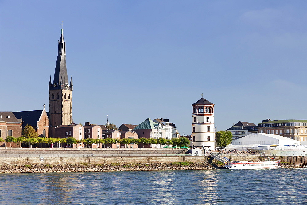 Old town with Lambertus church and Schlossturm tower along the Rheinpromenade, Dusseldorf, North Rhine Westphalia, Germany, Europe 