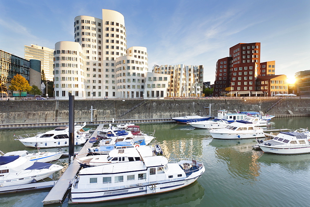 Neuer Zollhof, designed by Frank Gehry, Media Harbour (Medienhafen), Dusseldorf, North Rhine Wetphalia, Germany, Europe