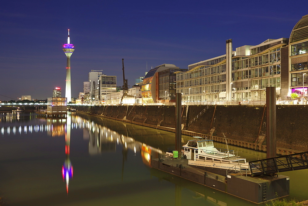 Rheinturm tower at Media Harbour (Medienhafen), Dusseldorf, North Rhine Westphalia, Germany, Europe