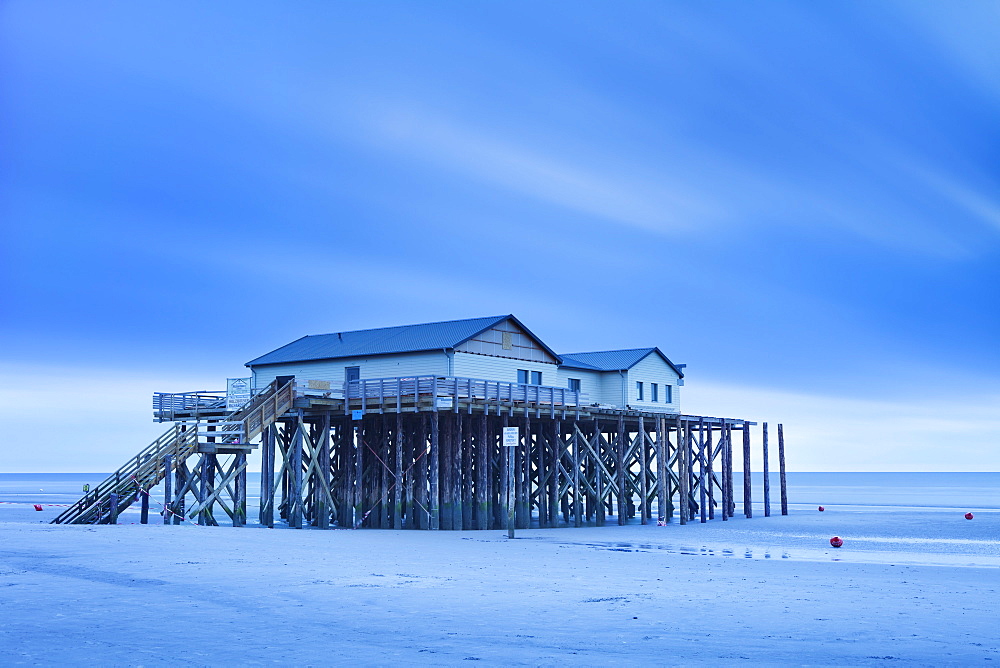 Stilt house on a beach, Sankt Peter Ording, Eiderstedt Peninsula, Schleswig Holstein, Germany, Europe 