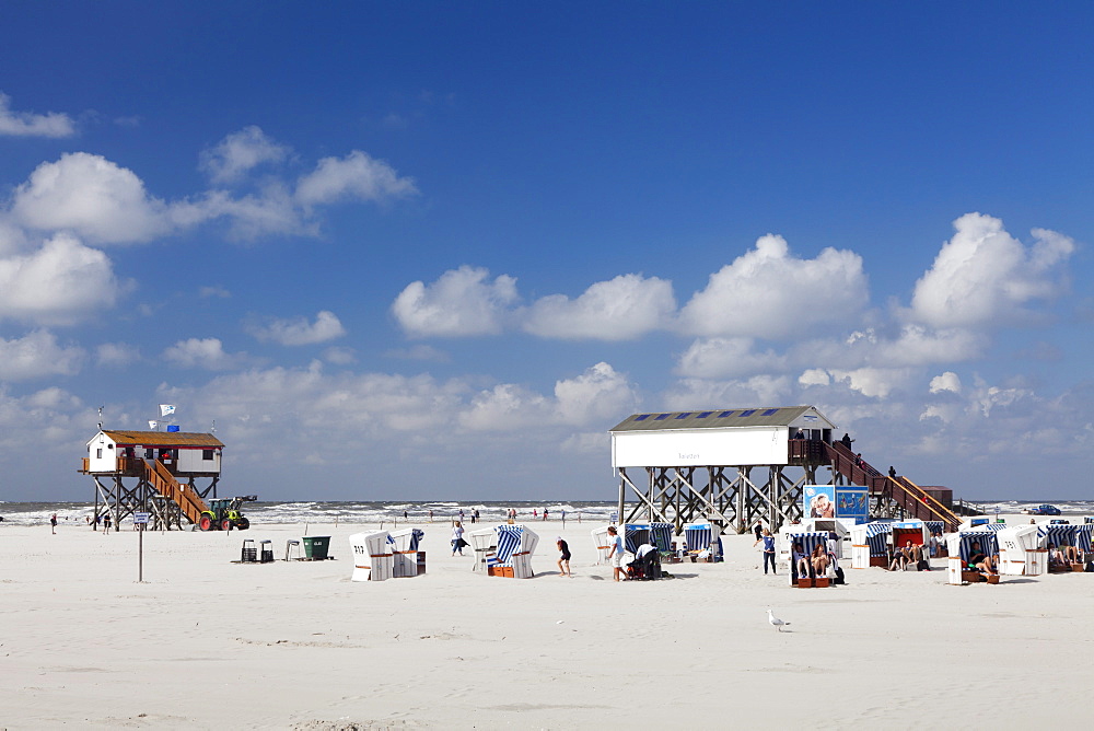 Stilt house and beach chairs on the beach of Sankt Peter Ording, Eiderstedt Peninsula, Schleswig Holstein, Germany, Europe 