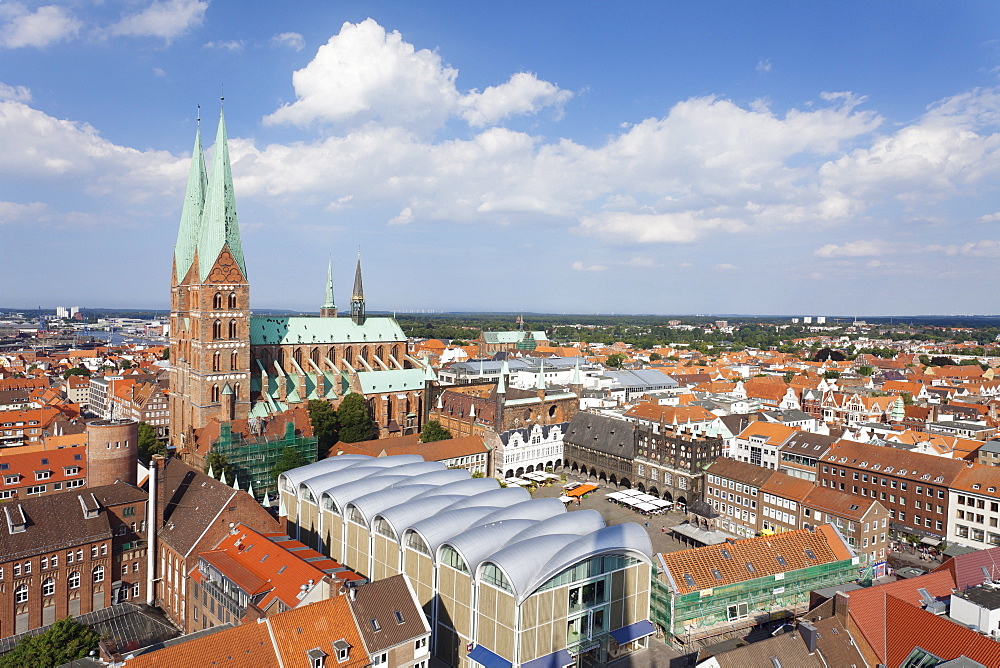 View of town hall and Marien Church, Lubeck, Schleswig Holstein, Germany, Europe 