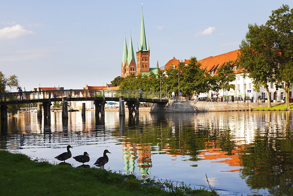 River Stadttrave with Petri church and Marien church, Lubeck, Schleswig Holstein, Germany, Europe 