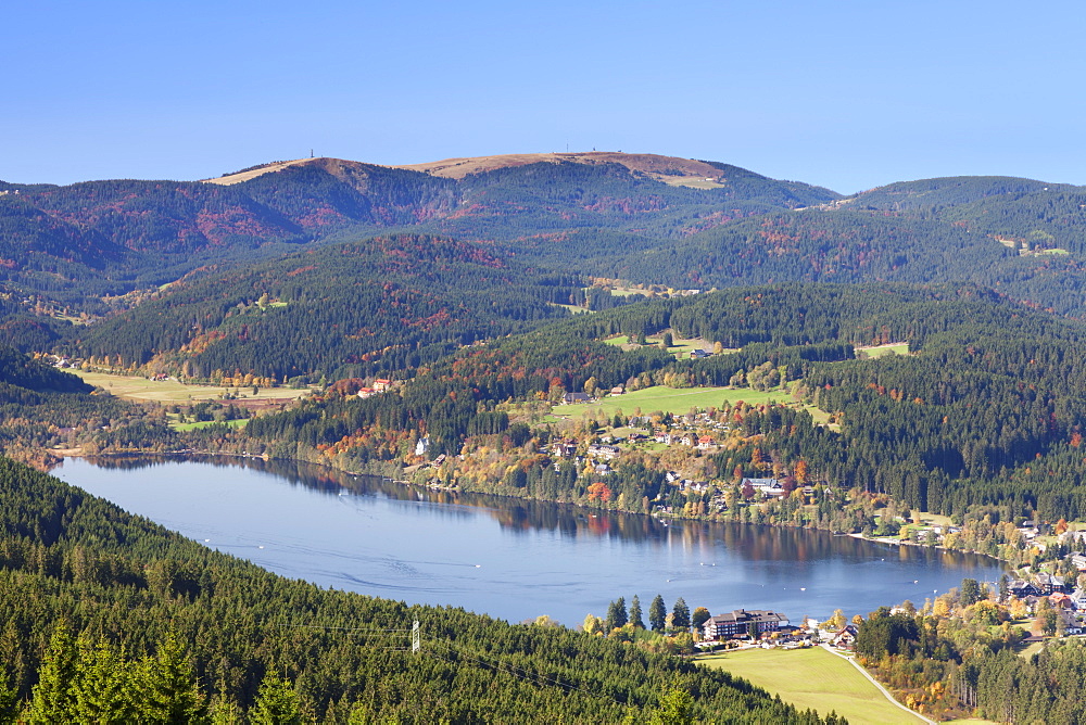 View from the Hochfirst mountain to Titisee Lake and Feldberg Mountain, Black Forest, Baden Wurttemberg, Germany, Europe 