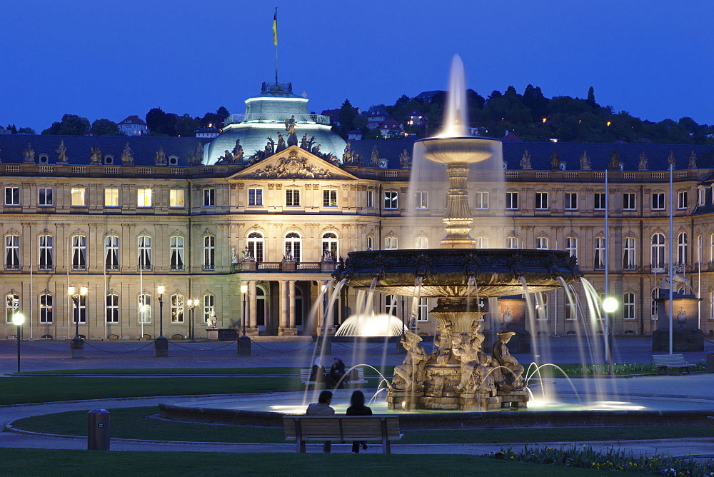 Neues Schloss castle and fountain at Schlossplatz Square, Stuttgart, Baden Wurttemberg, Germany, Europe 