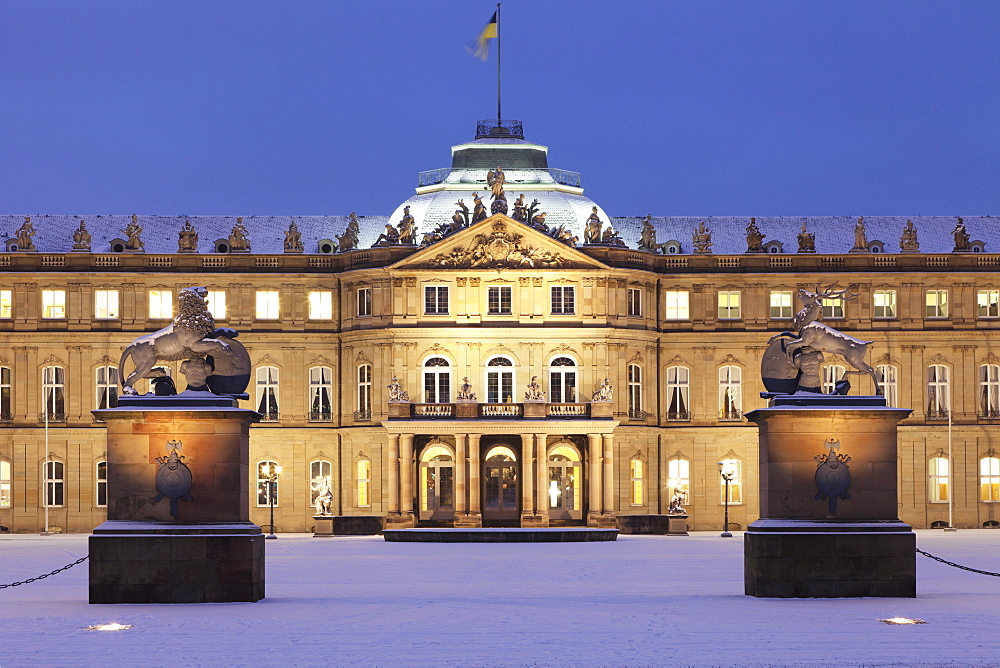 Neues Schloss castle at Schlossplatz square in winter, Stuttgart, Baden Wurttemberg, Germany, Europe 