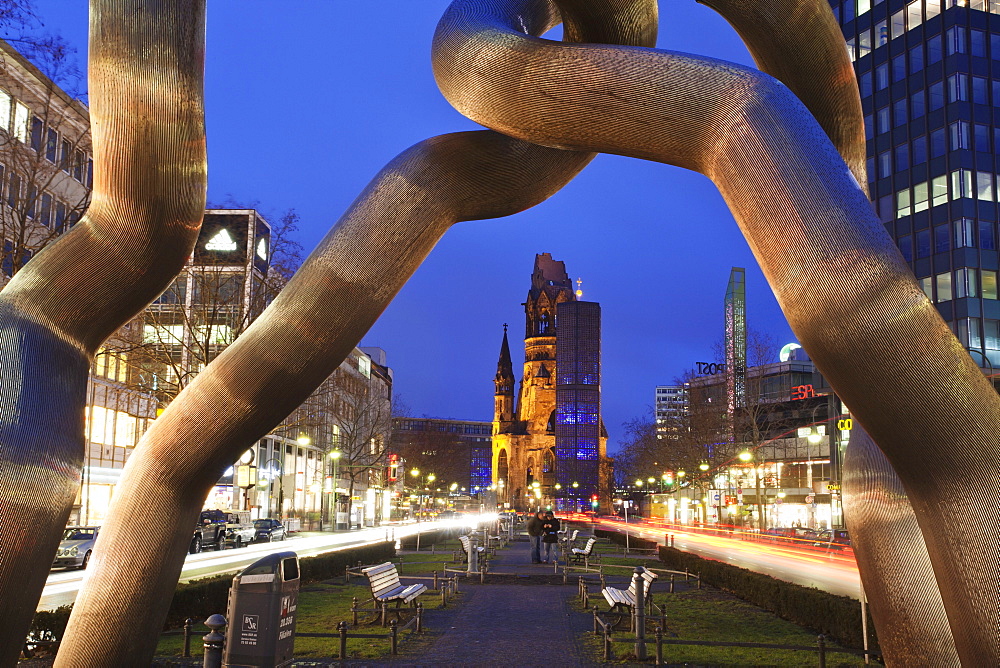 Kaiser Wilhelm memorial church and sculpture at Kurfurstendamm, Berlin, Germany, Europe