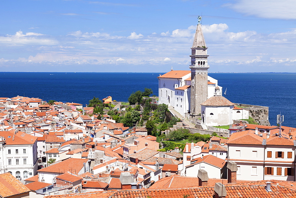 High angle view of the old town with cathedral of St. George, Piran, Istria, Slovenia, Europe 