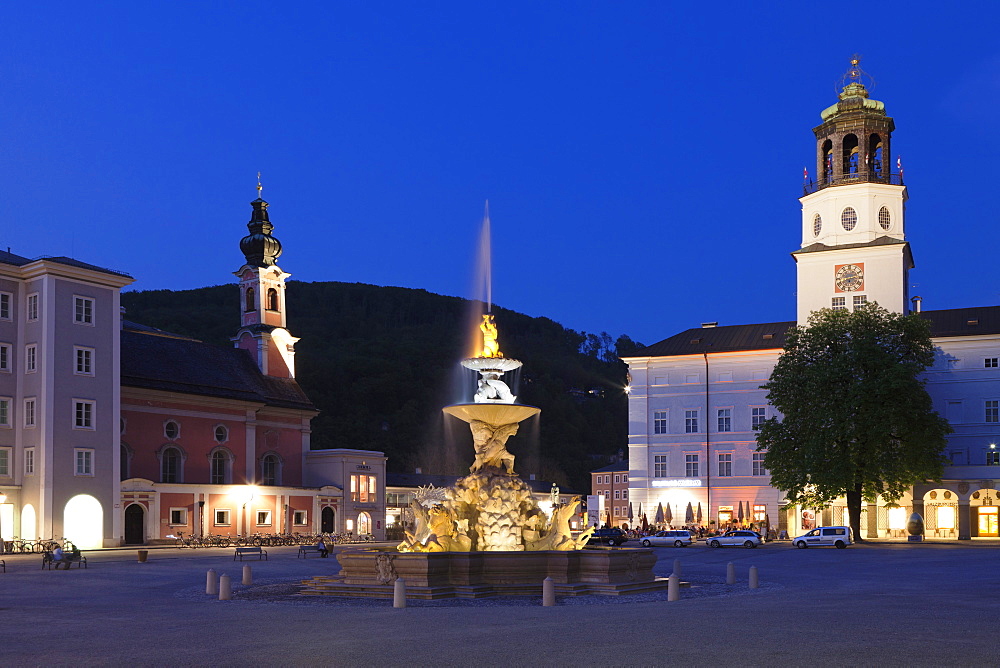 Residenzplatz Square, neue Residenz Palace, Residenz Fountain and Michaeliskirche Church at dusk, UNESCO World Heritage Site, Salzburg, Salzburger Land, Austria, Europe 