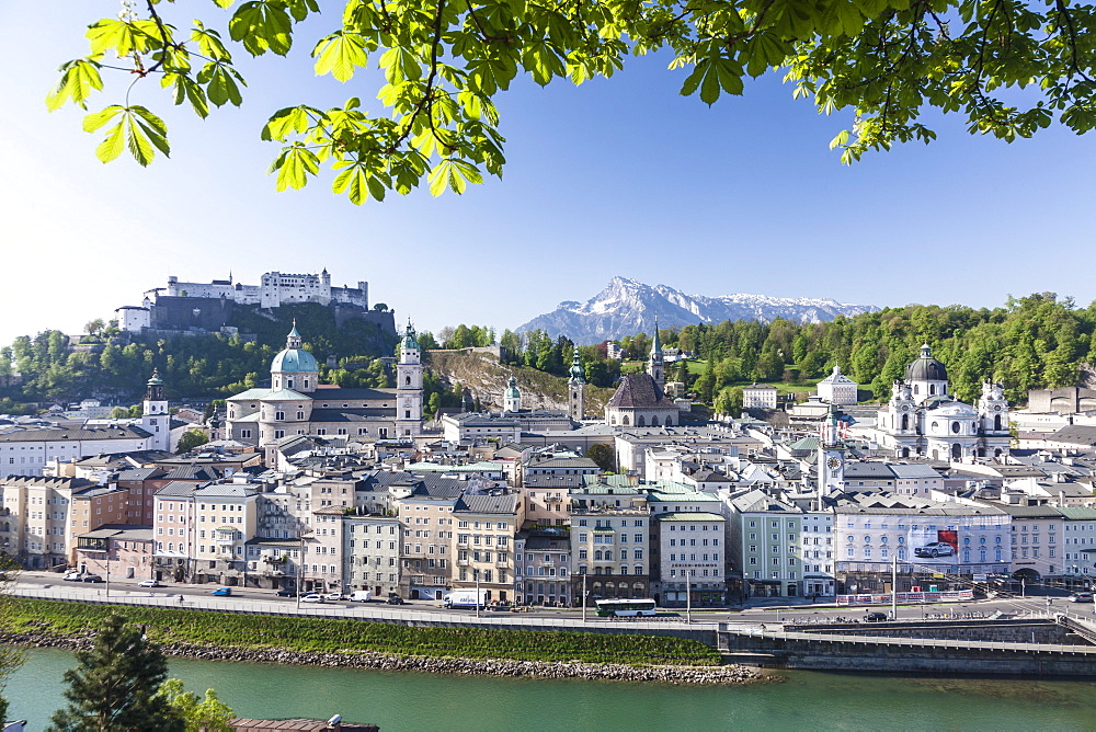 High angle view of the Old Town, UNESCO World Heritage Site, with Hohensalzburg Fortress, Dom Cathedral and Kappuzinerkirche Church, Salzburg, Salzburger Land, Austria, Europe 